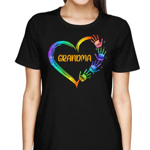 Grandma Mom Heart Hand Print Personalized Pure cotton T-Shirt