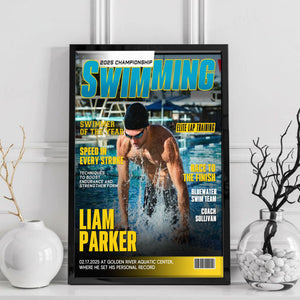 Personalized Swimming Magazine Cover, Custom Swimmer Magazine Cover, Swimming Athlete Gift, Unique Gifts For Swimmers, Swim Team Gifts
