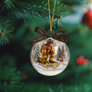 Our Hero Firefighter - Personalized Firefighter Snow Globe Ornament With Bow