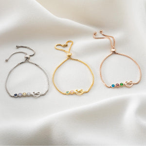Adjustable Birthstone Love Knot Bracelet, Personalized Box Chain Birthstone Bracelet