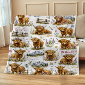 Personalized Highland Cow Baby Blanket – Custom Name Floral Design | Cute Nursery Decor & Baby Shower Gift For Boy Or Girl