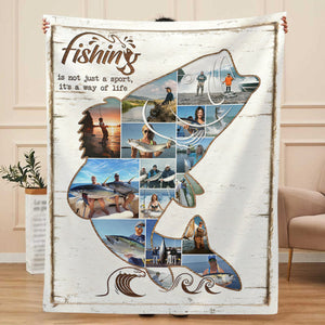 Personalized Fishing Photo Collage Blanket, Fish Shape Blanket, Fishing Gift