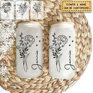 Flower Of The Month Personalized Glass Bottle Frosted Bottle Gift For Family, Friend Gift