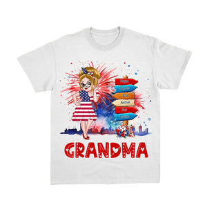 Grandma Kids Flower Fireworks- 4th Of July Independence Day - Personalized T-shirt