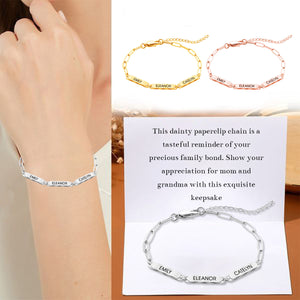 Personalized Family Name Bar Bracelet Engraved Charm with a Dainty Paperclip Chain