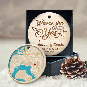 Where it all began - Personalized Location Map Ceramic Ornament Engaged Couple Gift
