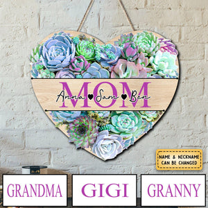 Personalized Grandma With Kid's Names Stone Lotus Heart Shape Wooden Sign