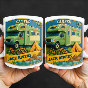 Camper, Tent, and Bicycles Design, Personalized Custom Coffee Mug, Perfect For Outdoor Lovers