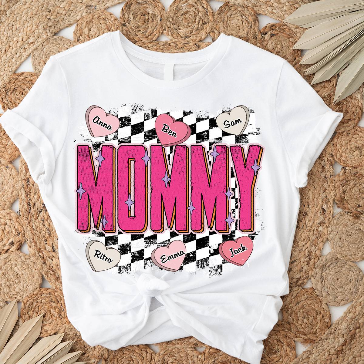 Personalized Retro Checkered Nana With Heart Grandkids Pure Cotton T-Shirt