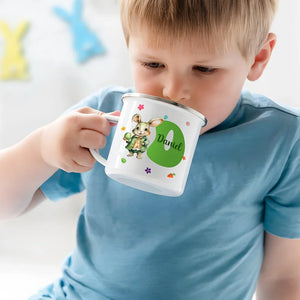 Personalized Watercolor Bunny Floral Multicolor Rim Enamel Mug With Name Birthday Easter Party Favor Gift For Kids