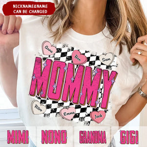 Personalized Retro Checkered Nana With Heart Grandkids Pure Cotton T-Shirt