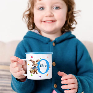 Personalized Watercolor Bunny Floral Multicolor Rim Enamel Mug With Name Birthday Easter Party Favor Gift For Kids