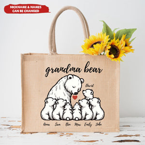 Personalized Bear With Little Bear Kids Jute Tote Bag