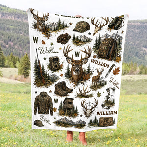 Personalized Hunting Blanket, Custom Deer Hunting Blanket with Name, Camo Hunter Throw Blanket, Outdoor Cabin Decor, Gift for Hunter Him