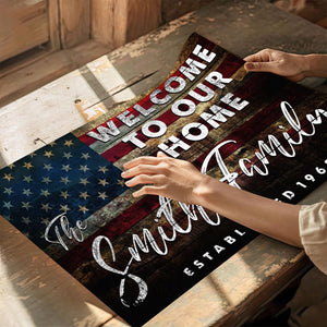 Welcome To Our Home Sign USA Flag Wall Art – Personalized Family Name 250 Anniversary USA Canvas Print