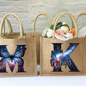 Personalized Sparkling Stars Butterfly Monogram Name Jute Tote Bag