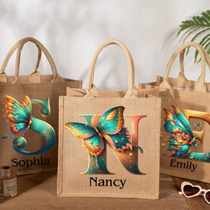 Personalized Coral Magnificent Butterfly Letter Name Jute Tote Bag