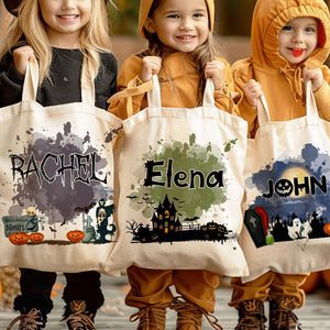 Personalized Halloween Canvas Tote Bag - Pumpkin Witch Black Cat Castle Skeleton Ghost