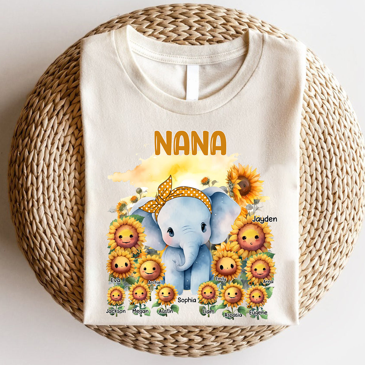 Personalized Grandma Elephant Sunflowers Pure Cotton T-shirt