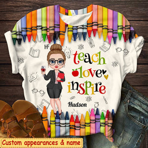 Personalized Colorful Crayon Teach Love Inspire Cute Pretty Doll Teacher 3D T-shirt