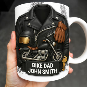 Bike Dad, Motorcycle and Leather Jacket, Personalized Coffee Mug, Gift For Dads and Bikers