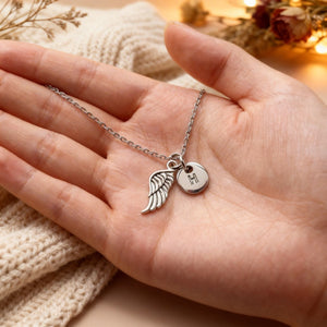 Hug from Heaven Personalized Angel Wings Charm Necklace, Custom Initial Necklace, Sympathy Condolence Gift