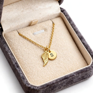 Hug from Heaven Personalized Angel Wings Charm Necklace, Custom Initial Necklace, Sympathy Condolence Gift