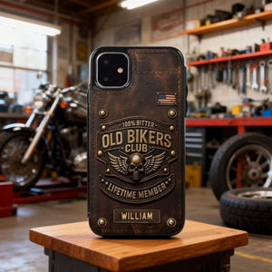 Old Bikers Club Leather Wallet Phone Case, Personalized Phone Case for Motorcycle Rider