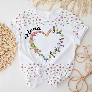 Personalized Grandma Mom Kids Heart Floral Print T-Shirt