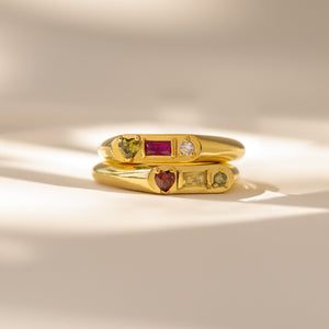 Personalized Gemstone Signet Ring • Birthstone Ring with Heart, Baguette & Circle Birthstones