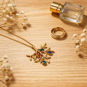 Personalized Family Tree Necklace: Initial Leaf Charms, Birthstone Jewelry