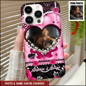 Black Pink Heart Photo And Name - Personalized Phone Case, Gift For Pet Lover, Gift For Family