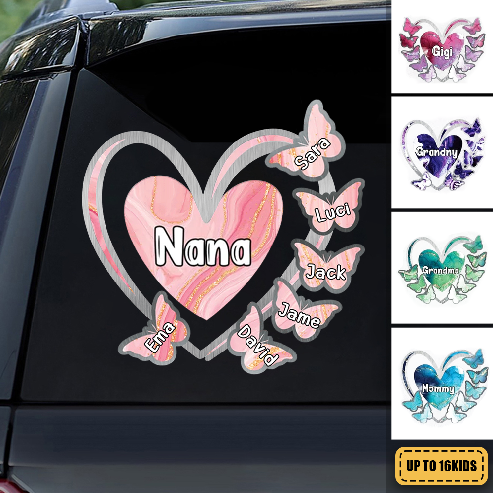 Grandma, Mom, Nana Heart Butterfly Kids - Personalized Decal/Sticker