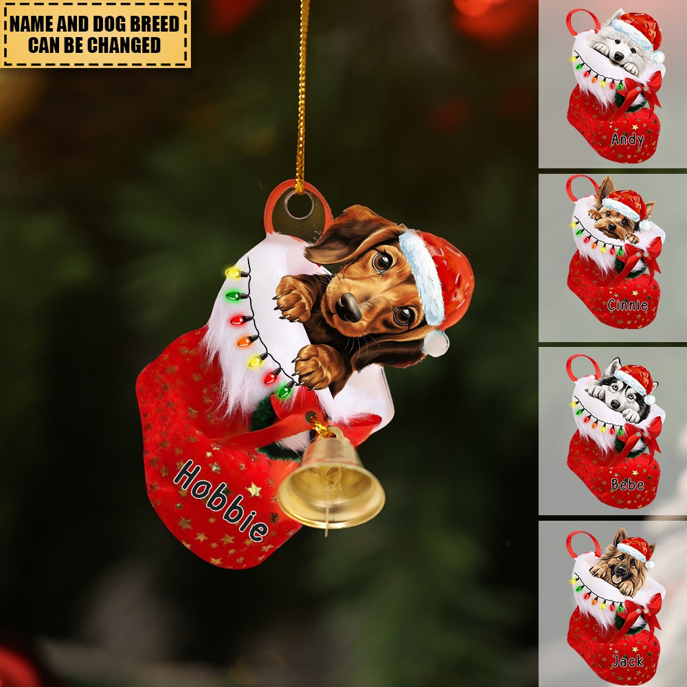 Personalized Dog in Christmas stocking Acrylic Ornament With Bell