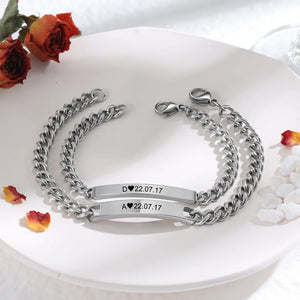 Personalized Couple Roman Numeral Initial Cuban Chain Engraved Bracelet