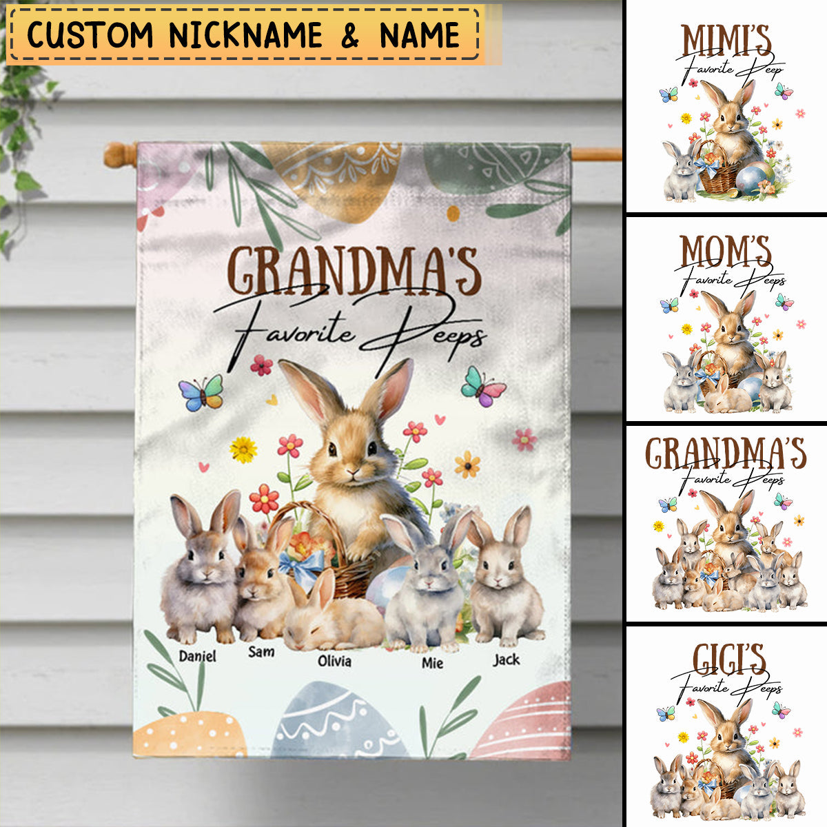 Personalized Easter Bunny House Flag Garden Flag For Grandma, Nana