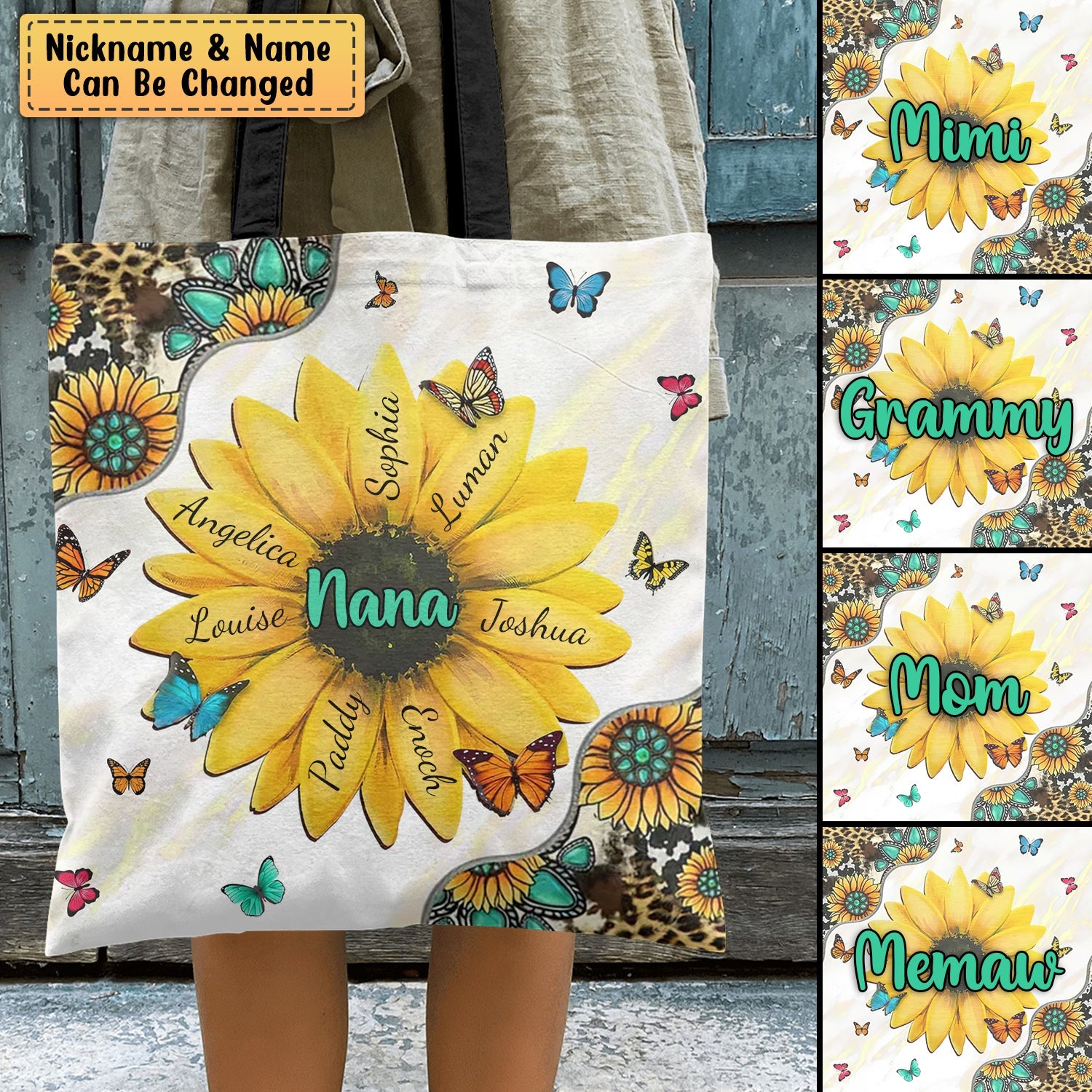 Personalized Grandma Grandkids Sweethearts Sunflower Cloth Tote Bag