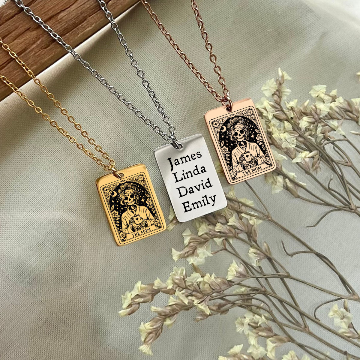 Personalized Skull Mom Kids Tarot Card Necklace Gift for Grandma Mom