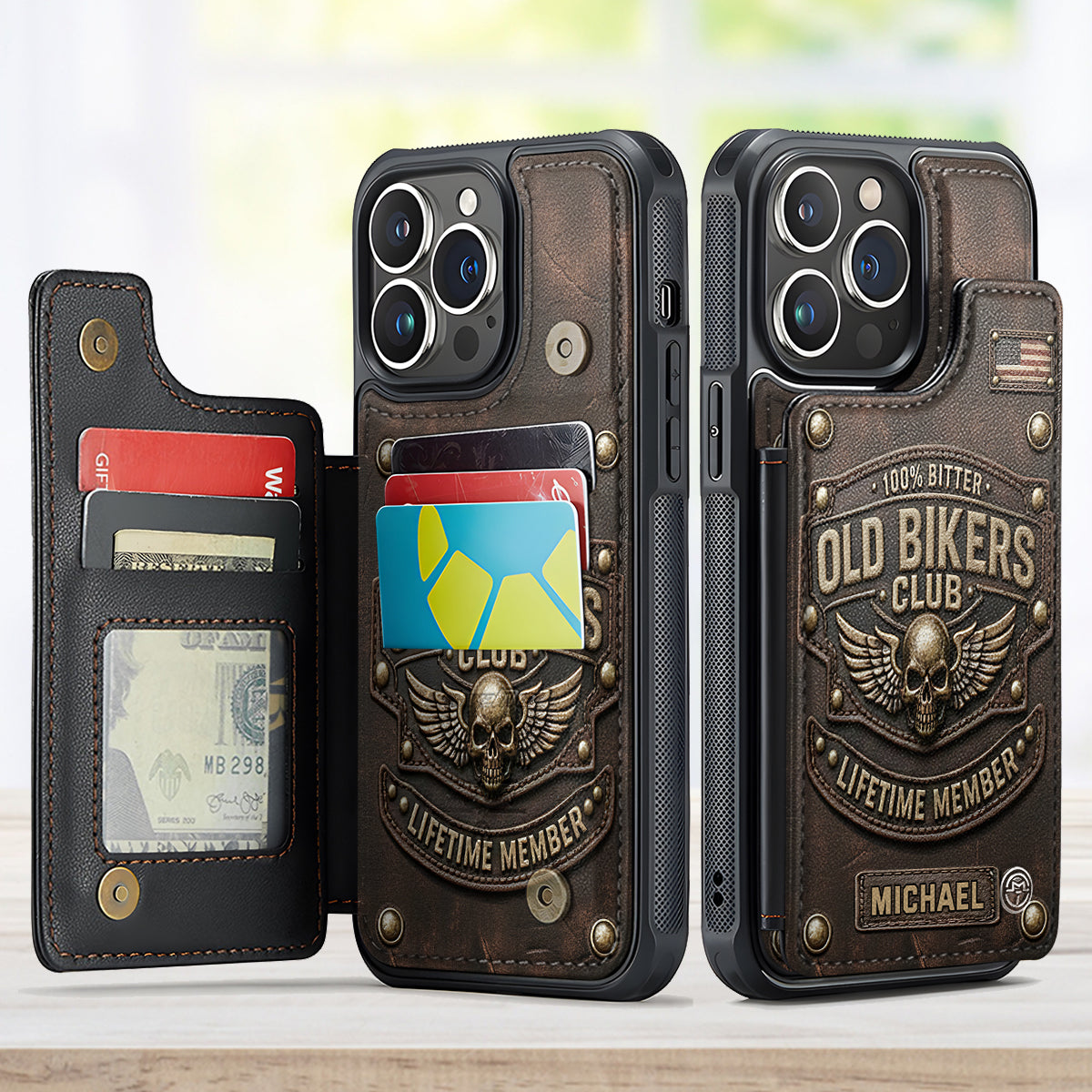 Old Bikers Club Leather Wallet Phone Case, Personalized Phone Case for Motorcycle Rider
