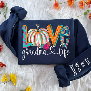 Personalized Love Grandma Life Sweatshirt – Fall Pumpkin Design with Grandkids’ Names on Sleeve