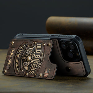Old Bikers Club Leather Wallet Phone Case, Personalized Phone Case for Motorcycle Rider