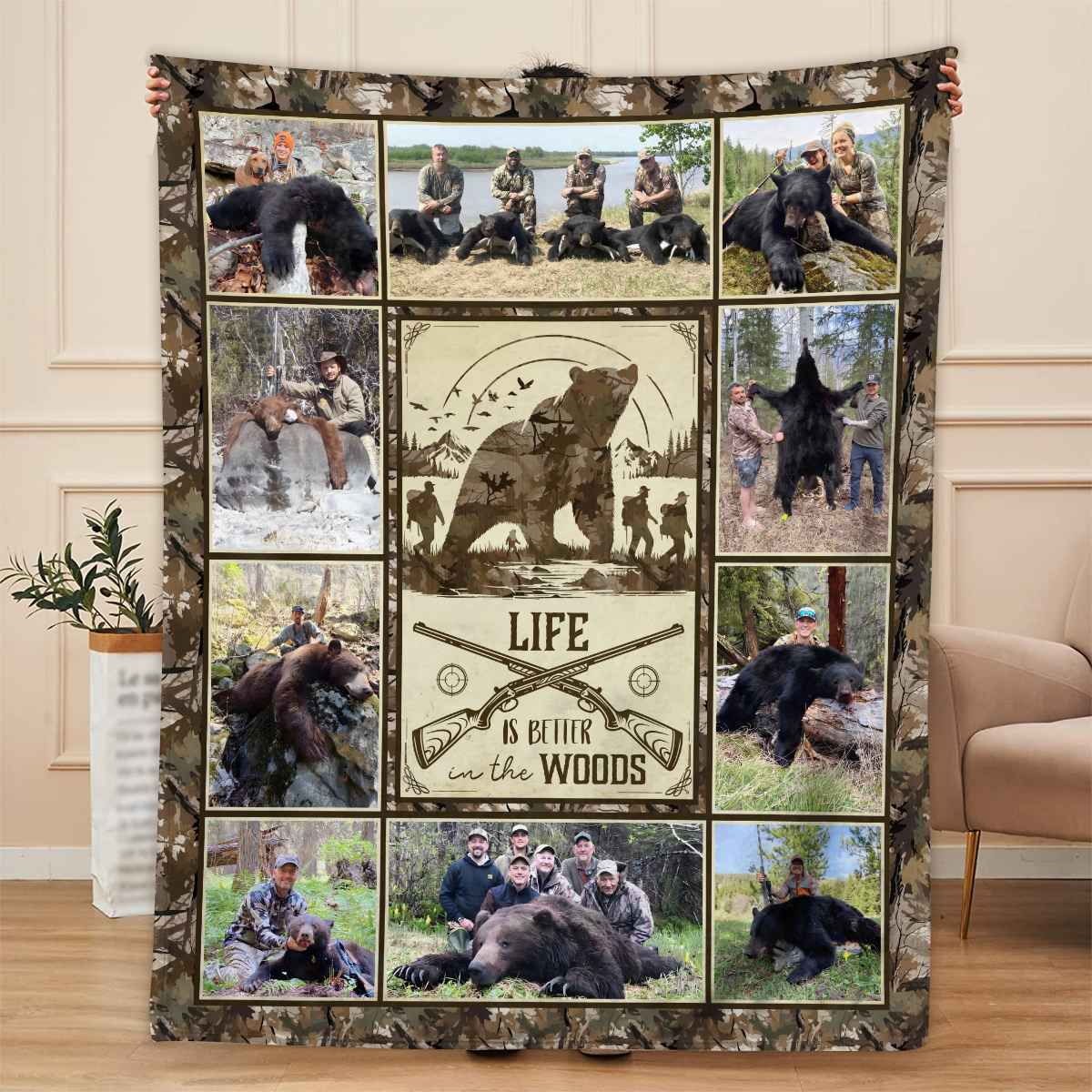 Bear Hunting Blanket For Dad, Customizable Bear Photo Collage Blanket, Hunting Gift for Husband, Hunter Gift for Boy