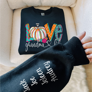 Personalized Love Grandma Life Sweatshirt – Fall Pumpkin Design with Grandkids’ Names on Sleeve