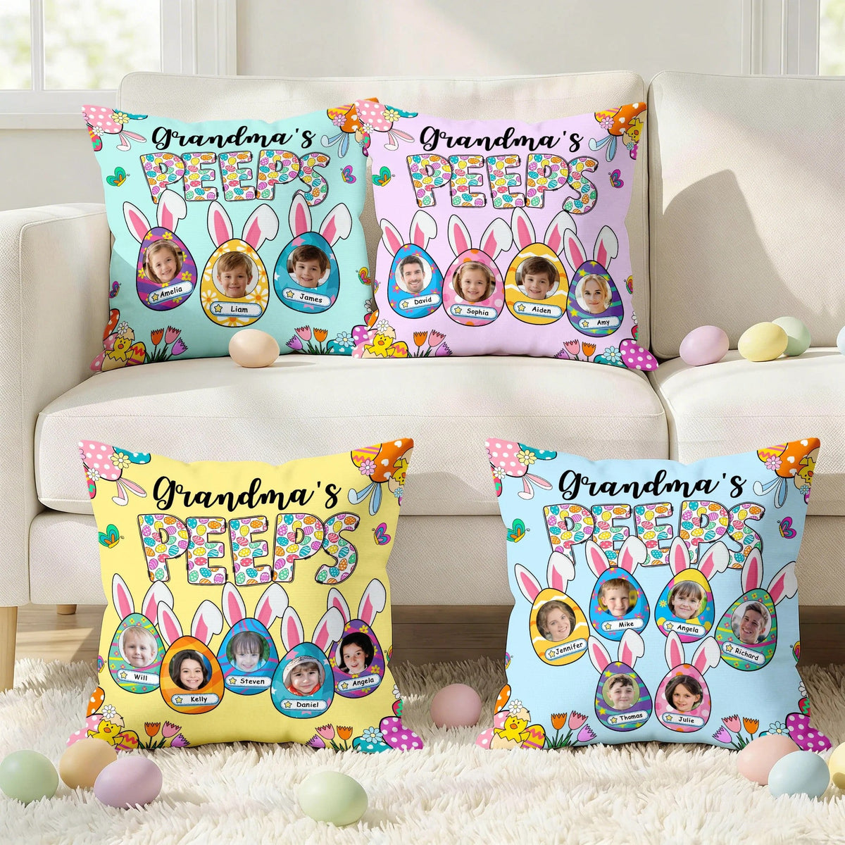 Grandma's Bunnies Ears Easter Eggs Photo Soft Throw Pillow Cover with Name - Personalized Pillow