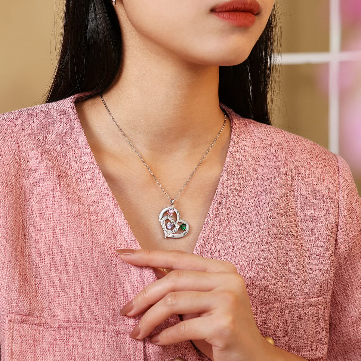 Personalized Birthstone Heart-shaped Necklace - Mother Necklace