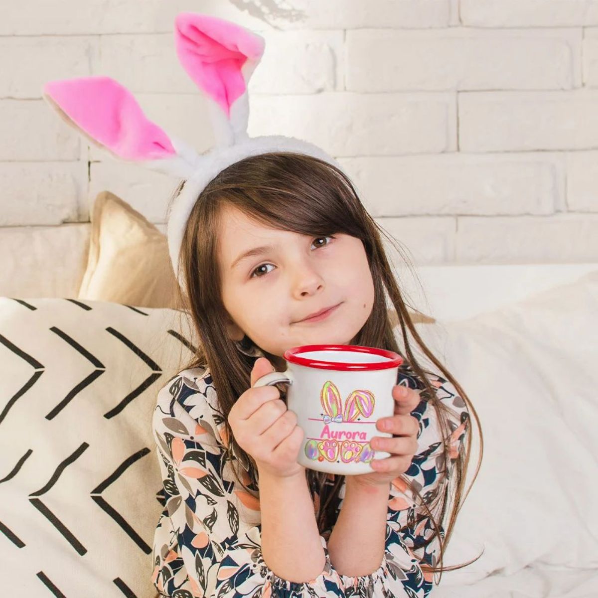 Personalized Watercolor Faux Glitter Bunny Design 12oz Enamel Mug