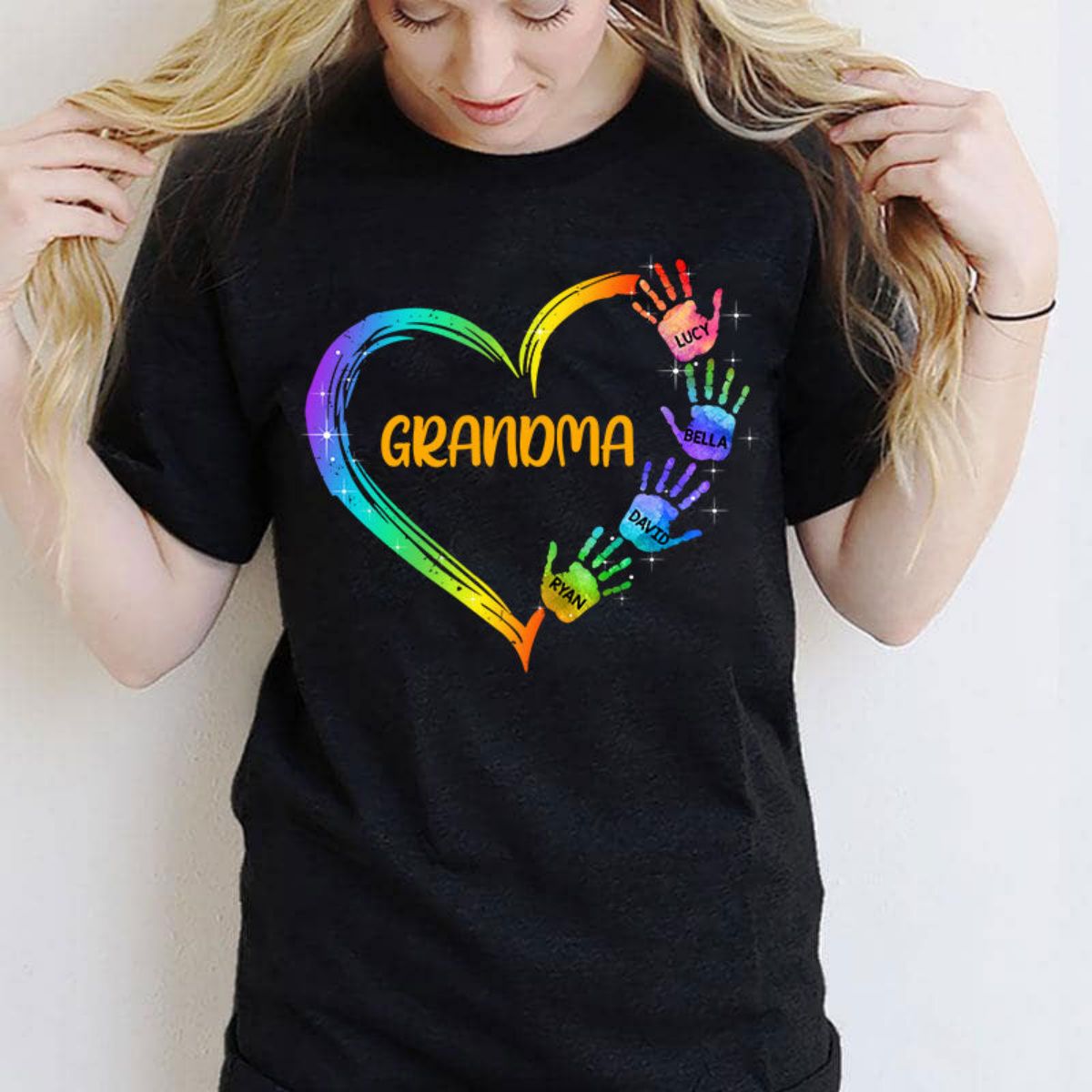 Grandma Mom Heart Hand Print Personalized Pure cotton T-Shirt