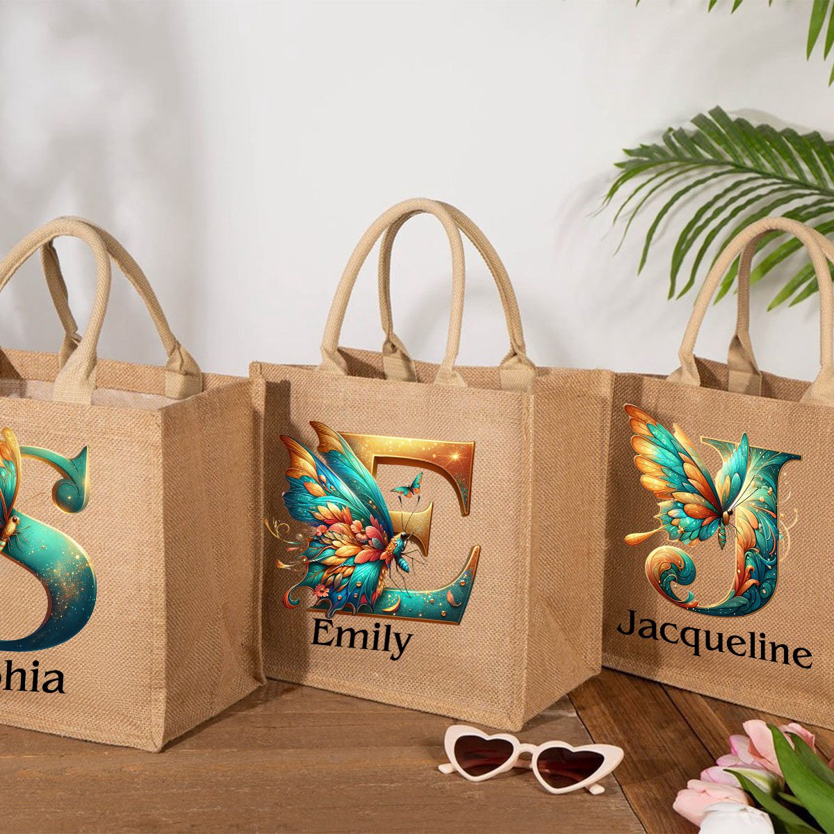 Personalized Coral Magnificent Butterfly Letter Name Jute Tote Bag