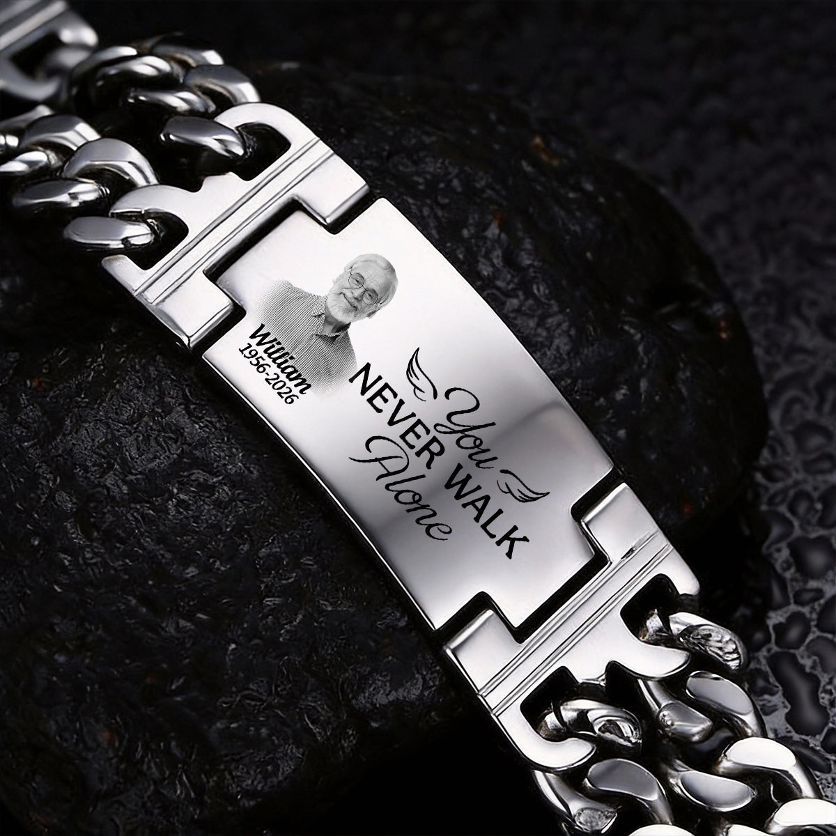 Custom Photo You Never Walk Alone Memorial - Personalized Engraved Bracelet Double Chain