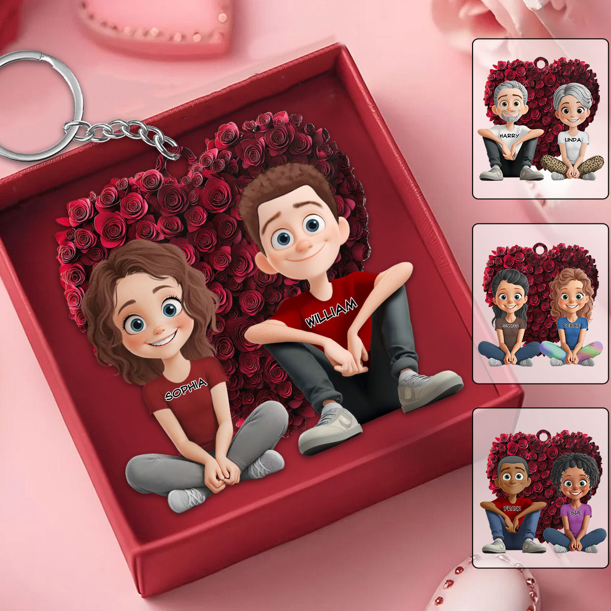 Couple With Rose Heart - Personalized Acrylic Keychain, Valentine's Gift for Him, Her